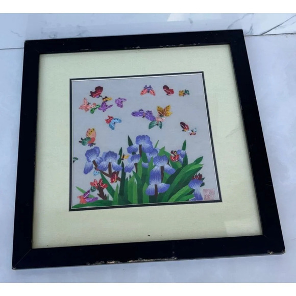 Suzhou Pure Silk Thread Embroidery Butterfly Garden Handmade Art Framed Sz 13x13 - Picture 2 of 10